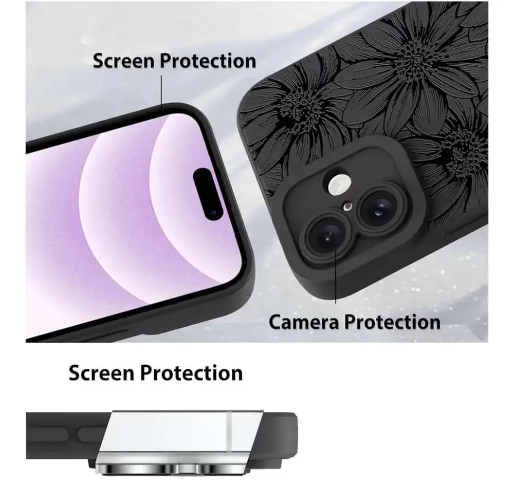 MZELQ Matte Black Silicone Case with Pressed Sunflower Floral Pattern for iPhone
